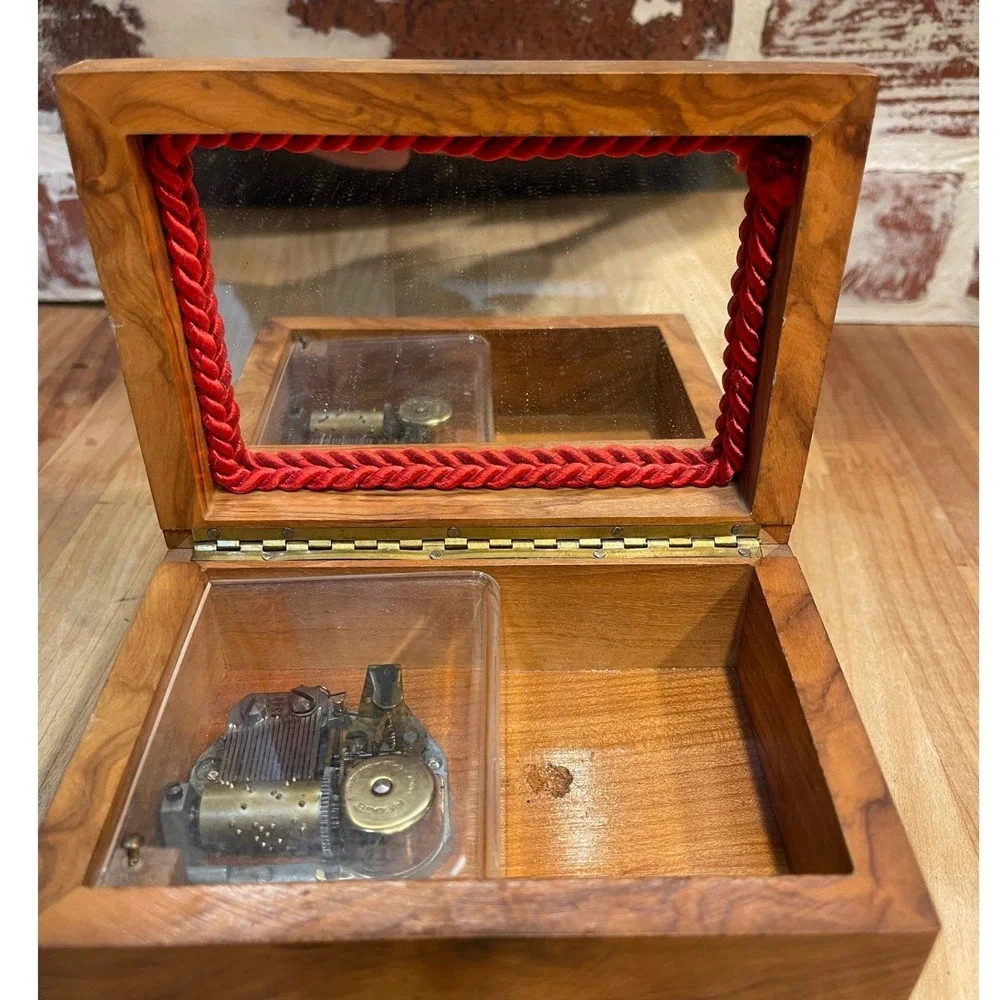 Vintage Reuge Swiss Music Box Wood Jewelry Case Minuet de Don Juan Footed Mirror
